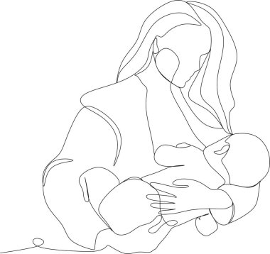 Soyut bir anne ve sürekli bir çizgi çizen bir çocuk. Anneler günü kartı. Bir kadın bebeğine sarılıyor. Mutlu annelik kavramı. Modern vektör illüstrasyonu