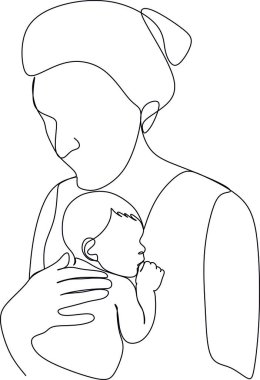 Soyut bir anne ve sürekli bir çizgi çizen bir çocuk. Anneler günü kartı. Bir kadın bebeğine sarılıyor. Mutlu annelik kavramı. Modern vektör illüstrasyonu