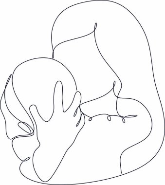 Soyut bir anne ve sürekli bir çizgi çizen bir çocuk. Anneler günü kartı. Bir kadın bebeğine sarılıyor. Mutlu annelik kavramı. Modern vektör illüstrasyonu