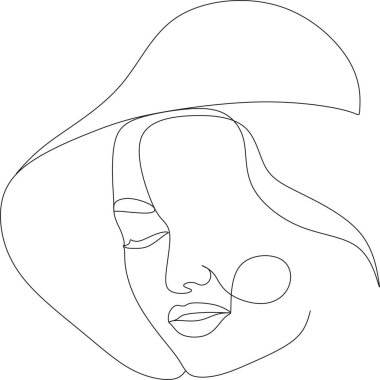 Şapkalı, soyut kadın çizimi. Minimum portre. Baş moda aksesuarı. Sürekli bir çizgi. Güzellik ve cazibe konsepti. Bayana başlık. El çizimi vektör illüstrasyonu.