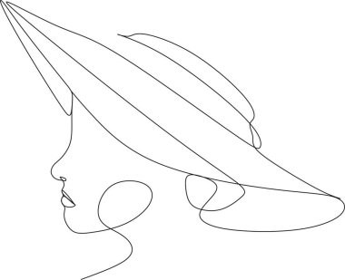 Şapkalı, soyut kadın çizimi. Minimum portre. Baş moda aksesuarı. Sürekli bir çizgi. Güzellik ve cazibe konsepti. Bayana başlık. El çizimi vektör illüstrasyonu.