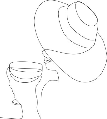 Şapkalı, soyut kadın çizimi. Minimum portre. Baş moda aksesuarı. Sürekli bir çizgi. Güzellik ve cazibe konsepti. Bayana başlık. El çizimi vektör illüstrasyonu.