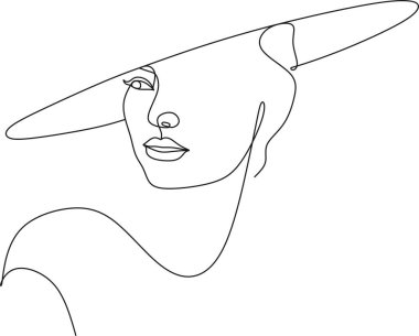 Şapkalı, soyut kadın çizimi. Minimum portre. Baş moda aksesuarı. Sürekli bir çizgi. Güzellik ve cazibe konsepti. Bayana başlık. El çizimi vektör illüstrasyonu.