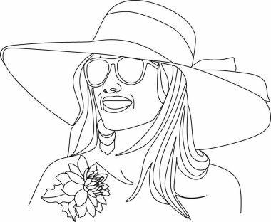 Şapkalı, soyut kadın çizimi. Minimum portre. Baş moda aksesuarı. Sürekli bir çizgi. Güzellik ve cazibe konsepti. Bayana başlık. El çizimi vektör illüstrasyonu.