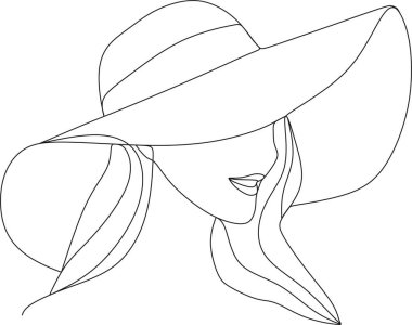 Şapkalı, soyut kadın çizimi. Minimum portre. Baş moda aksesuarı. Sürekli bir çizgi. Güzellik ve cazibe konsepti. Bayana başlık. El çizimi vektör illüstrasyonu.