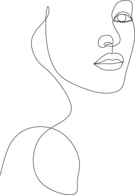 Güzel bir kızın doğrusal portresi. Minimum portre. Sürekli bir çizgi. Güzellik ve cazibe konsepti. El çizimi vektör illüstrasyonu.