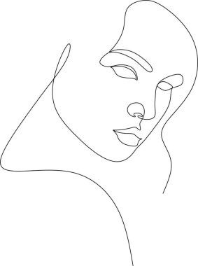 Güzel bir kızın doğrusal portresi. Minimum portre. Sürekli bir çizgi. Güzellik ve cazibe konsepti. El çizimi vektör illüstrasyonu.