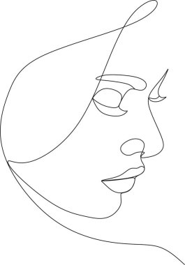 Güzel bir kızın doğrusal portresi. Minimum portre. Sürekli bir çizgi. Güzellik ve cazibe konsepti. El çizimi vektör illüstrasyonu.