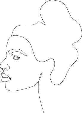 Güzel bir kızın doğrusal portresi. Minimum portre. Sürekli bir çizgi. Güzellik ve cazibe konsepti. El çizimi vektör illüstrasyonu.
