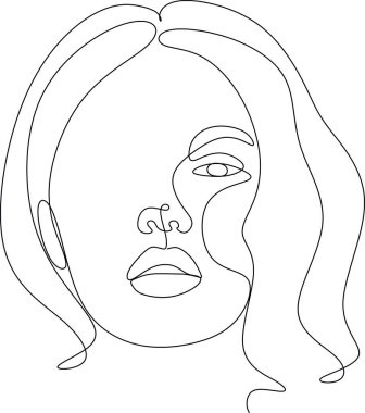 Güzel bir kızın doğrusal portresi. Minimum portre. Sürekli bir çizgi. Güzellik ve cazibe konsepti. El çizimi vektör illüstrasyonu.
