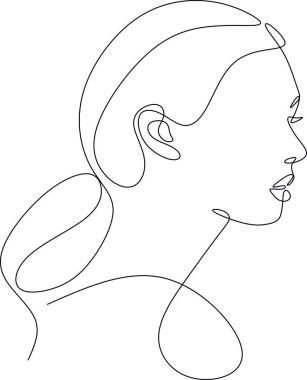 Güzel bir kızın doğrusal portresi. Minimum portre. Sürekli bir çizgi. Güzellik ve cazibe konsepti. El çizimi vektör illüstrasyonu.