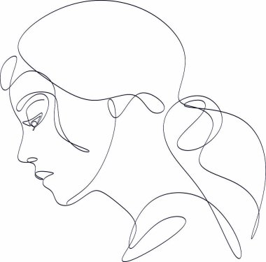 Güzel bir kızın doğrusal portresi. Minimum portre. Sürekli bir çizgi. Güzellik ve cazibe konsepti. El çizimi vektör illüstrasyonu.