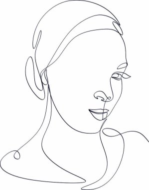 Güzel bir kızın doğrusal portresi. Minimum portre. Sürekli bir çizgi. Güzellik ve cazibe konsepti. El çizimi vektör illüstrasyonu.