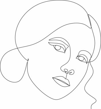 Güzel bir kızın doğrusal portresi. Minimum portre. Sürekli bir çizgi. Güzellik ve cazibe konsepti. El çizimi vektör illüstrasyonu.