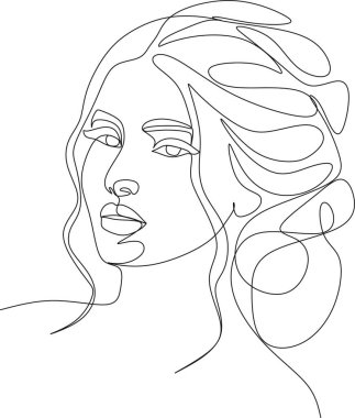 Güzel bir kızın doğrusal portresi. Minimum portre. Sürekli bir çizgi. Güzellik ve cazibe konsepti. El çizimi vektör illüstrasyonu.