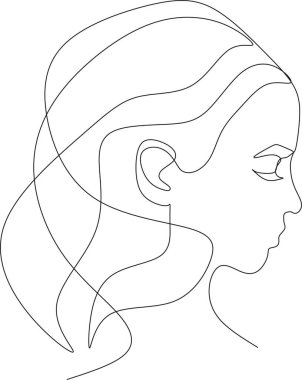 Güzel bir kızın doğrusal portresi. Minimum portre. Sürekli bir çizgi. Güzellik ve cazibe konsepti. El çizimi vektör illüstrasyonu.