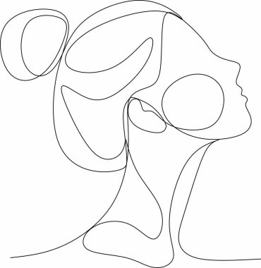 Güzel bir kızın doğrusal portresi. Minimum portre. Sürekli bir çizgi. Güzellik ve cazibe konsepti. El çizimi vektör illüstrasyonu.