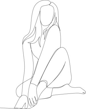 Genç bir kadın bağdaş kurup yerde oturuyor. Devamlı çizim tarzı. Minimalist siyah çizim beyaz arka planda izole edildi. Vektör illüstrasyonu
