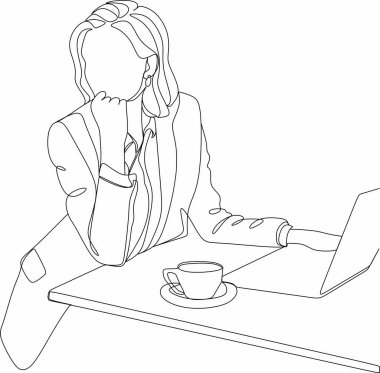 Sandalyede dinlenen bir kızın çizgi çizimi. Vektör illüstrasyonu.