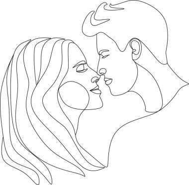 Öpüşen erkek ve kadının soyut doğrusal portresi. Vektör illüstrasyonu