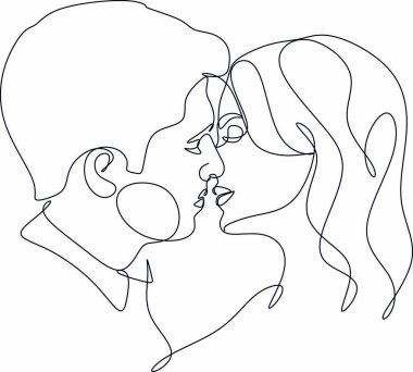 Öpüşen erkek ve kadının soyut doğrusal portresi. Vektör illüstrasyonu