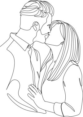 Kadın ve erkeğin doğrusal soyut çizimi. Öptüm, Sevgililer Günü. Sevgi. Vektör illüstrasyonu, el çizimi, düğün çiftleri.