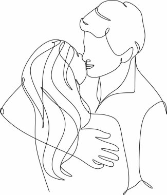 Kadın ve erkeğin doğrusal soyut çizimi. Öptüm, Sevgililer Günü. Sevgi. Vektör illüstrasyonu, el çizimi, düğün çiftleri.