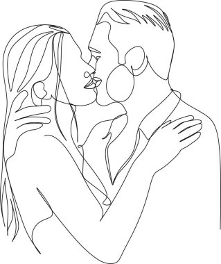 Kadın ve erkeğin doğrusal soyut çizimi. Öptüm, Sevgililer Günü. Sevgi. Vektör illüstrasyonu, el çizimi, düğün çiftleri.