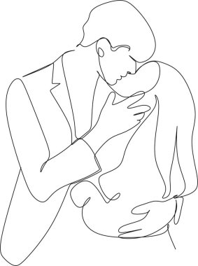 Kadın ve erkeğin doğrusal soyut çizimi. Öptüm, Sevgililer Günü. Sevgi. Vektör illüstrasyonu, el çizimi, düğün çiftleri.