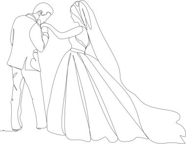 Gelin ve damat dans ediyor, çizgisel çizim. Gelin ve damadın vektör çizimi. Düğün..