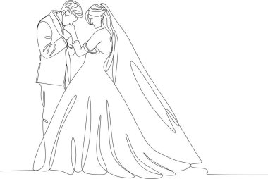 Gelin ve damat dans ediyor, çizgisel çizim. Gelin ve damadın vektör çizimi. Düğün..