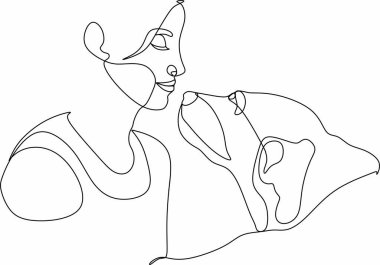 Köpekli güzel bir genç kız. Beyaz arka planda doğrusal çizim. Buldoglu bir mankenin kısa bir çizimi. Siyah ve beyaz çizimler tek çizgi şeklinde. Moda kartpostalı