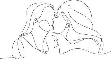 İki güzel kadının öpüştüğü soyut bir portre. Arkadaşlar, kız kardeşler ya da çiftler. Beyaz üzerine izole edilmiş tek bir çizgi. Basit modern biçimdeki vektör illüstrasyonu.