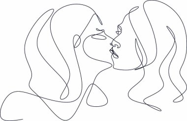 İki güzel kadının öpüştüğü soyut bir portre. Arkadaşlar, kız kardeşler ya da çiftler. Beyaz üzerine izole edilmiş tek bir çizgi. Basit modern biçimdeki vektör illüstrasyonu.