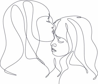 İki güzel kadının öpüştüğü soyut bir portre. Arkadaşlar, kız kardeşler ya da çiftler. Beyaz üzerine izole edilmiş tek bir çizgi. Basit modern biçimdeki vektör illüstrasyonu.