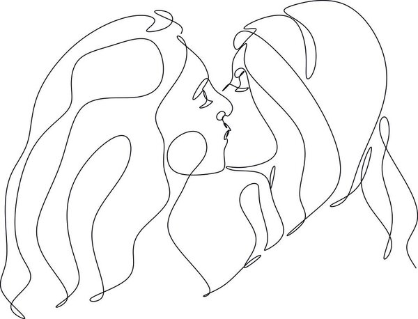 Abstract portrait of two kissing young beautiful women. Friends, sisters or couple. Continuous one line drawing isolated on white. Vector illustration in simple modern style.
