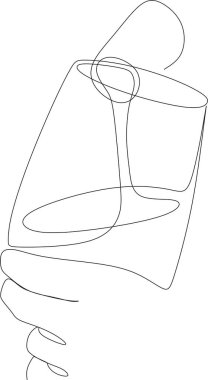 Şarap kadehi, çizgi çizimi. Beyaz arka planda siyah çizim. Şarap kadehinin aralıksız çizimi. Kafe, dükkan, teslimat için en az tek satırlık illüstrasyon.