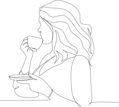 Bir fincan çayla bir kızın çizimi. Basit modern biçimdeki vektör illüstrasyonu.