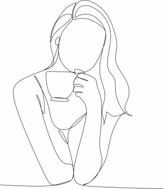 Bir fincan çayla bir kızın çizimi. Basit modern biçimdeki vektör illüstrasyonu.