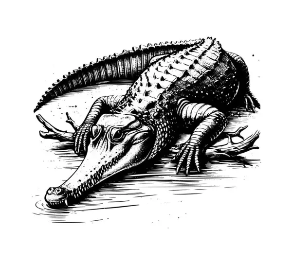 Gharial krokodil el çizimi vektör vintage illüstrasyon