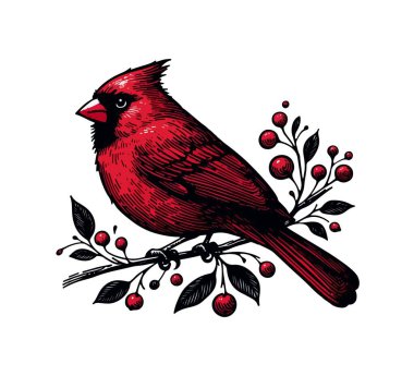 Red Cardinal Bird hand drawn vintage vector clipart