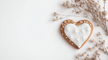 Açık arkaplanda kalp şeklinde beyaz çiçekler, üst manzara. Metin için boşluk. Yapay zeka oluşturuldu