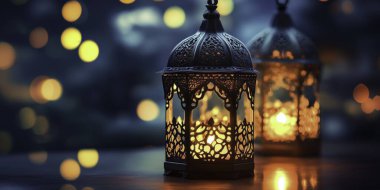 Ramazan Kareem. Karanlık arka planda ışıkları olan geleneksel Arap tatil lambası. Yapay zeka oluşturuldu