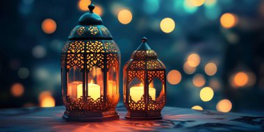 Ramazan Kareem, fenerlerle donatılmış. 3 boyutlu çizim, 3 boyutlu illüstrasyon... yapay zeka üretildi.
