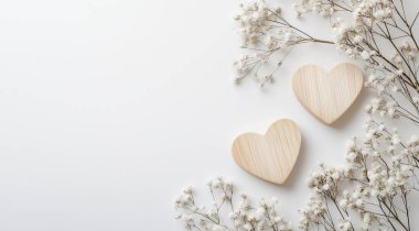 Beyaz tahta arka planda kalbi olan beyaz kağıt çiçekler. Sevgililer Günü konsepti. Yapay zeka oluşturuldu