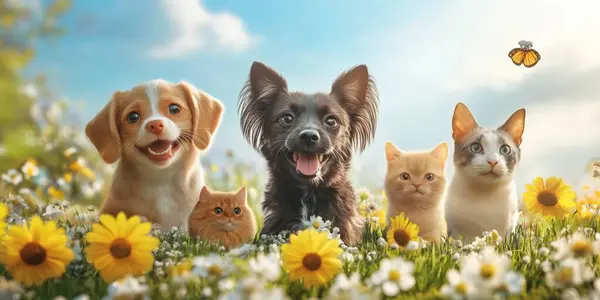 Parkta bir sürü kedisi olan bir köpek.