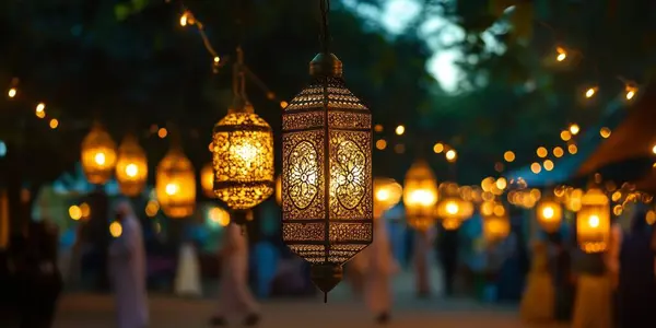 Geceleri geleneksel Arap fenerleri yakılıyor. Yapay zeka oluşturuldu