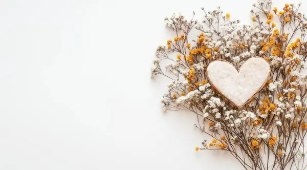 Beyaz ahşap arka planda beyaz kalp ve sarı çiçekler. Üst görünüm kopyalama alanı ile yapay zeka oluşturuldu