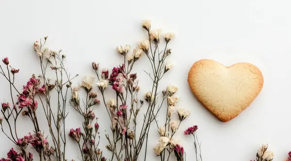 Beyaz arka planda kurumuş gül çiçekleri olan düz bir kompozisyon. Sevgililer günü kutlaması, anneler günü, sevgililer günü konsepti. kopyalama alanı.. yapay zeka oluşturuldu