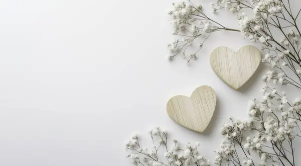 Beyaz tahta arka planda kalbi olan beyaz kağıt çiçekler. Sevgililer Günü konsepti. Yapay zeka oluşturuldu